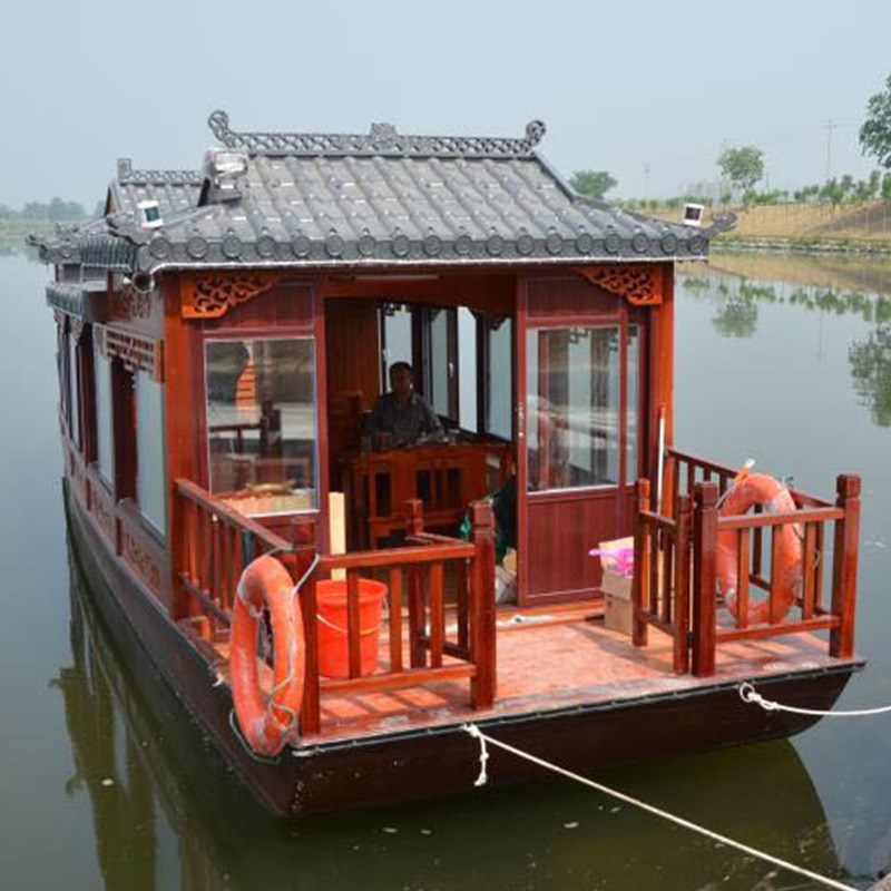 厂家供应 12米画舫船 水上休闲餐饮仿古木船 电动景区单层画舫船
