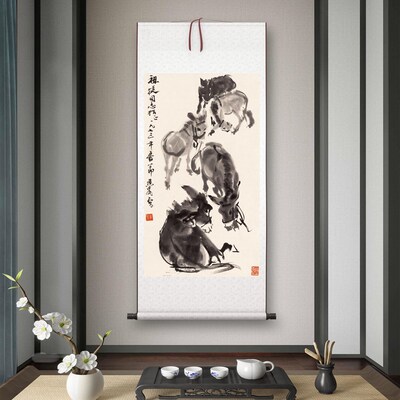 黄胄《驴图》新中式客厅书房茶室装饰F画挂画玄关水墨高清卷轴字