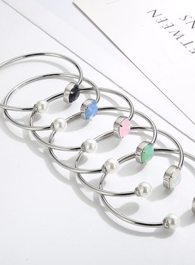 日韩方形锆石不锈钢饰品手环个性珍珠玻璃石女士C形手镯流行饰品