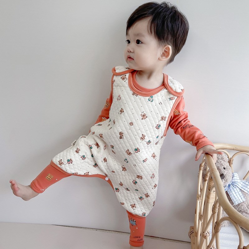 秋冬新款儿童背心夹棉睡袋男女宝宝防踢分腿无袖睡袍马甲连体睡衣