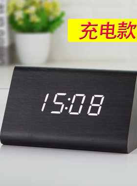 木质闹钟LEDi静音电子钟创意时尚床头钟客厅座钟摆件夜光复古时钟