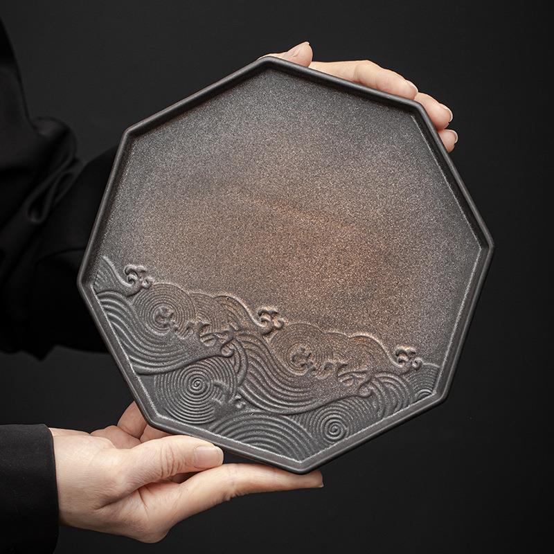 日式鎏金铁釉海浪干泡盘 陶瓷壶承壶托干泡台小茶盘 果碟茶点盘