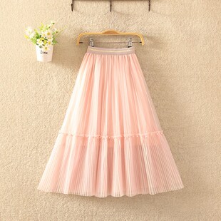 仙气钉珠长裙 儿童白色中长款 女童百褶网纱裙半身裙2024年夏装 新款