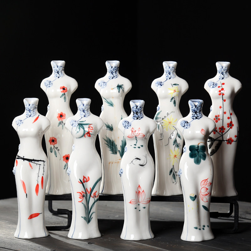 陶瓷花瓶手绘唐装旗袍摆件玄关客厅酒店家居饰品插干花小清新花器