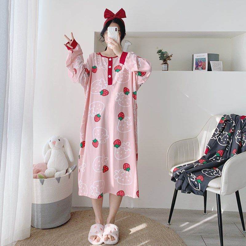 针织棉加长草莓睡裙长袖加肥大码200斤胖MM孕妇宽松连衣裙睡衣女,女士内衣/男士内衣/家居服,睡裙,淘宝优惠券,粉丝福利购,淘宝优惠卷