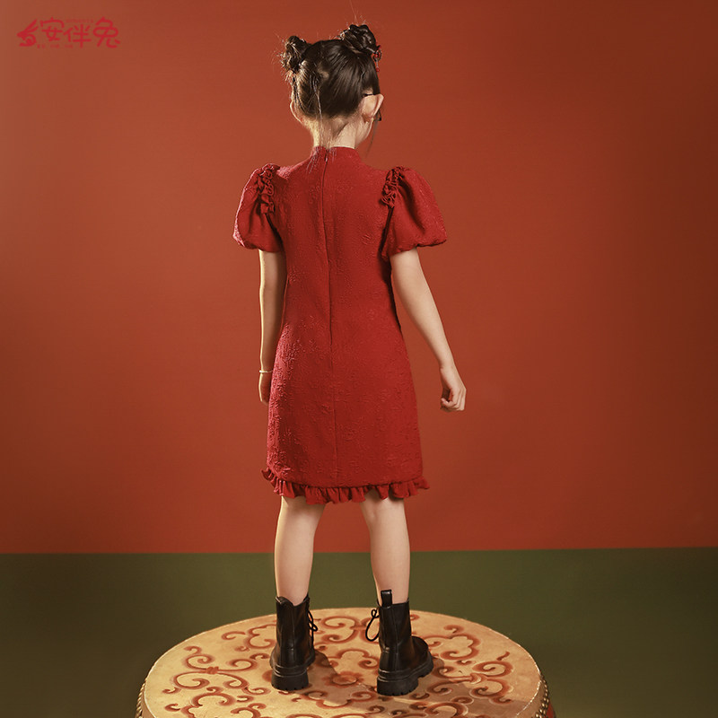 女童晚礼服中式旗袍红色连衣裙花童婚礼小女孩儿童高级感演出国风