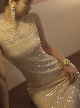 白色亮片闪闪珍珠法式小礼服裙高级感连衣裙女生日party领证订婚