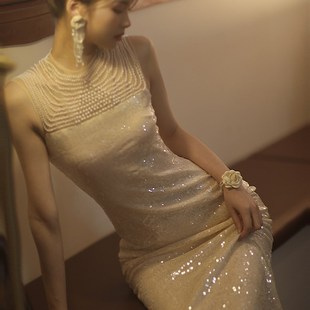 白色亮片闪闪珍珠法式小礼服裙高级感连衣裙女生日party领证订婚