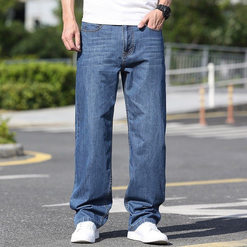 夏季薄款牛仔裤男宽松浅蓝直筒加肥加大码阔腿胖人男士休闲长裤子