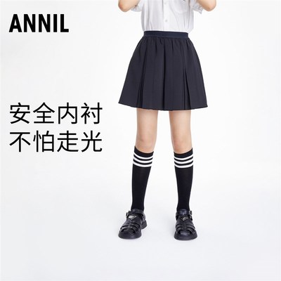 安奈儿女童半身裙儿童百褶裙2023夏季新款女孩黑色学院风短款裙子
