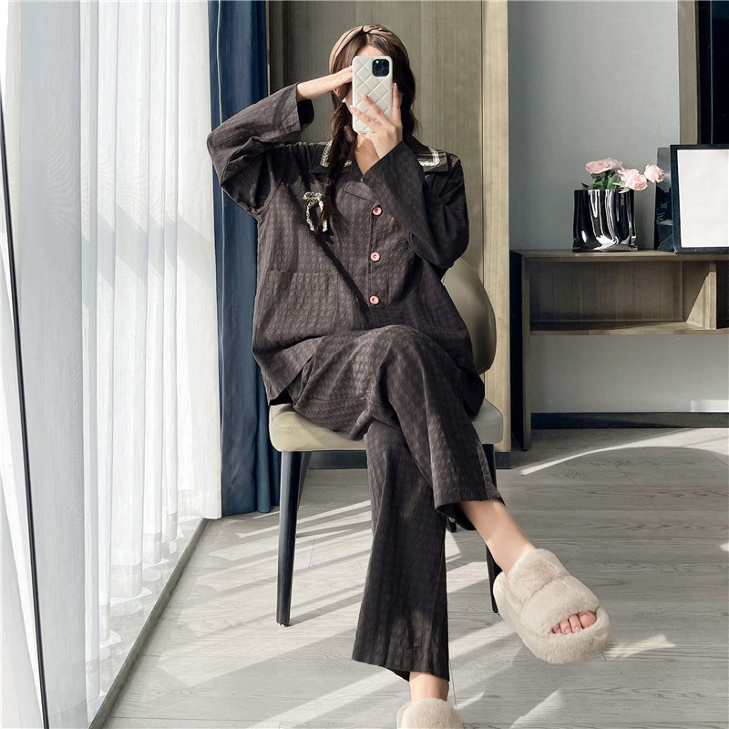 开衫纯棉梭织加大码睡衣女200斤长袖胖mm休闲甜美宽松家居服套装