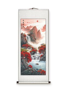 鸿运当头卷轴挂画竖版国画山水画新中式玄关走廊过道装饰画正对门