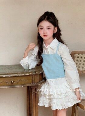 YFY女童春夏白色长袖衬衫连衣裙可爱公主纯棉蛋糕裙吊带背心套装