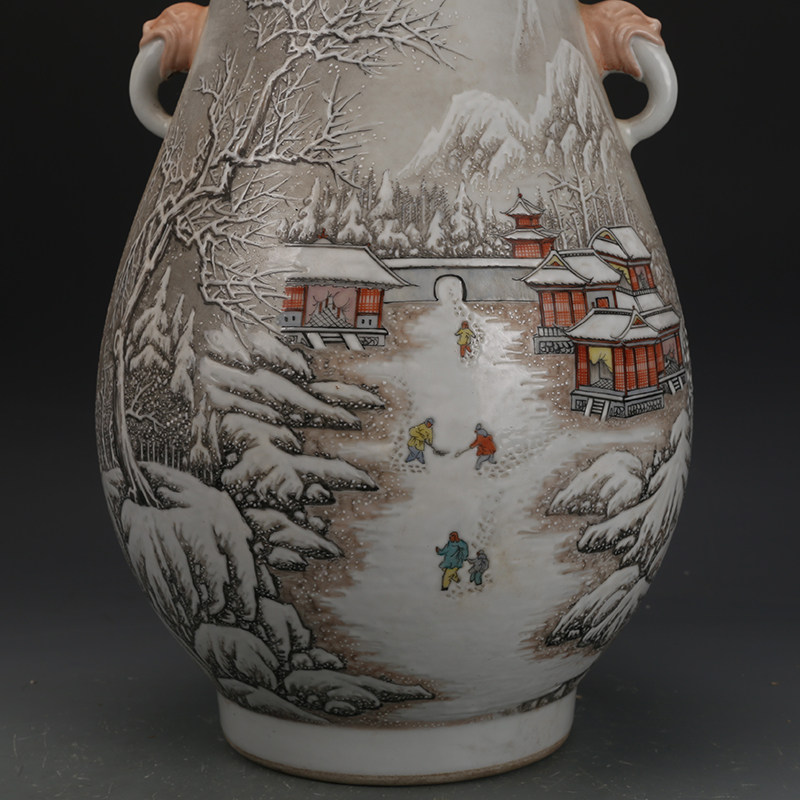 清干隆花瓶粉彩雪景象耳尊古董古玩收藏品彩绘老物件瓷器摆件