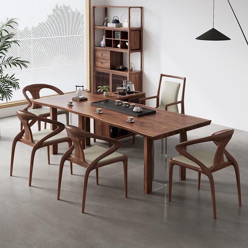 北美黑胡桃木大板茶桌椅组合 实木办公桌书桌原木新中式整板茶台