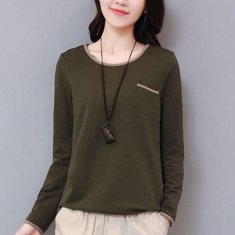 2024早春新款湖蓝色大码T恤女长袖打底衫妈妈装宽松圆领休闲上衣