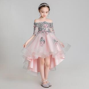 儿童晚礼服公主裙女童蓬蓬纱一字肩中袖小女孩花童婚纱主持人轻奢