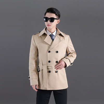 男士短款战壕风衣双排扣修身大衣秋冬加厚内衬保暖抗风外套