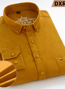 男士长袖衬衫秋季纯棉灯芯绒墨绿色爸爸男装中老年休闲男条绒衬衫