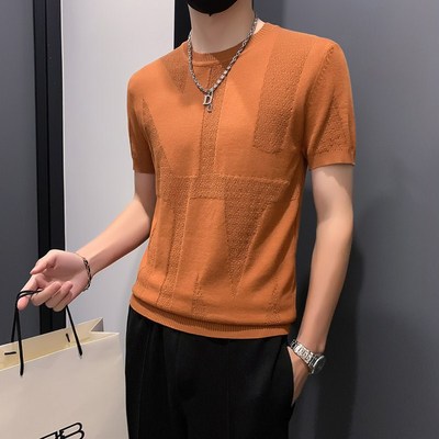 白色针织短袖男款秋季西装内搭白色高级感T恤圆领提花毛衣打底衫