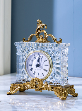 欧式美式水晶小座钟摆件法式小时钟家居饰品 复古典装饰钟台摆设