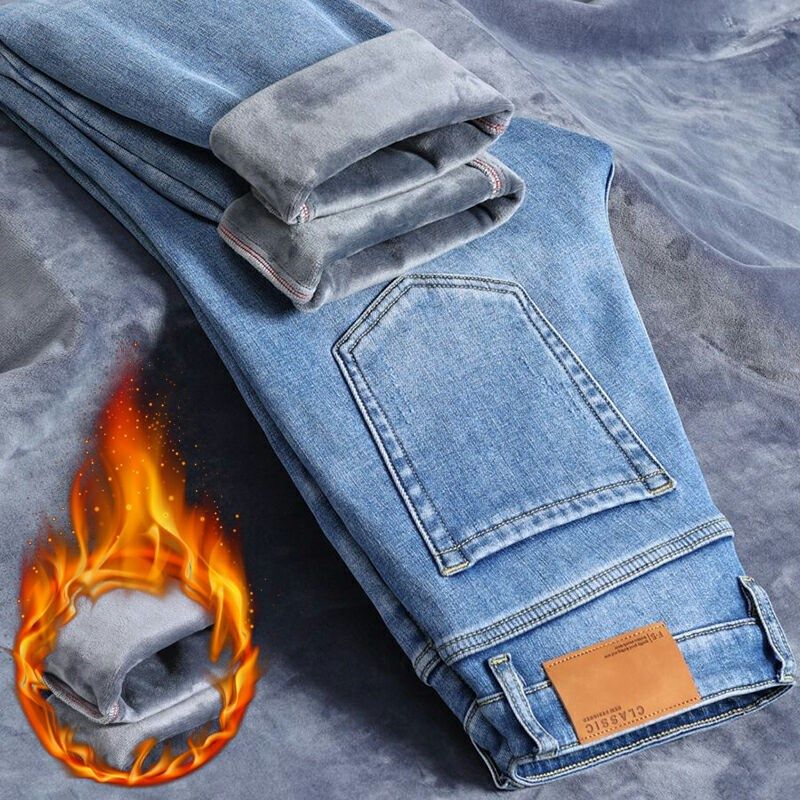 高端广州新塘纯棉浅色牛仔裤男春秋男士直筒宽松加绒加厚裤子冬季