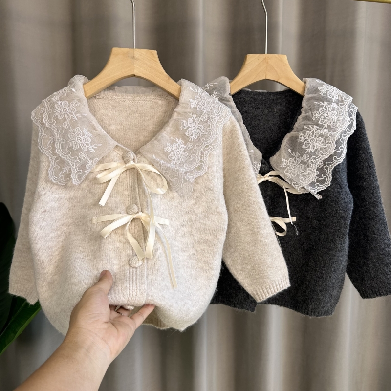 童装女童套头毛衣2024秋冬新款花边领加厚毛线衣女宝宝针织衫外套