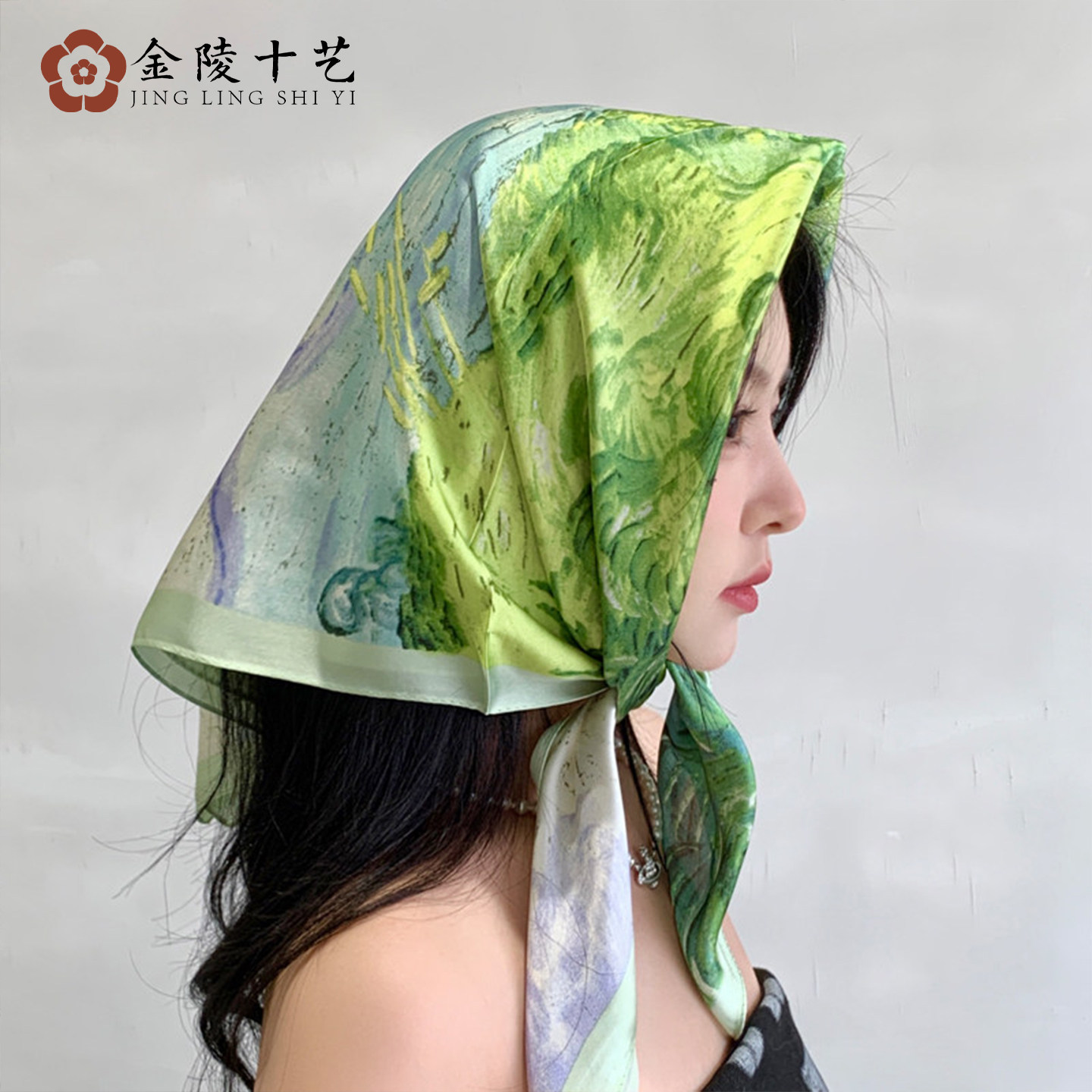 2026新款绿色油画小方巾防晒丝巾女款高级感薄款春夏头巾系脖围巾 - 实物图