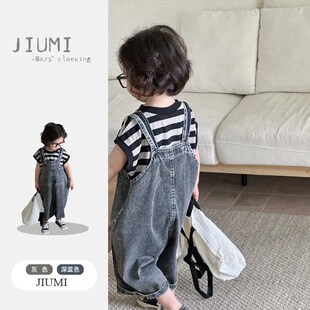 男童夏装新款短袖条纹T恤上衣儿童3岁男宝休闲背带牛仔八分裤套装