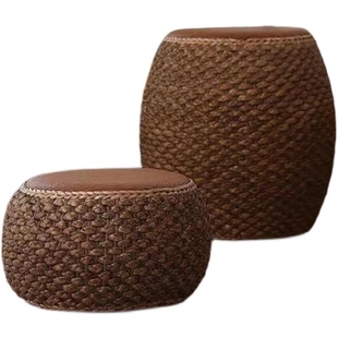 如丝中式复古茶实木家用藤蓆编织换鞋鼓凳高矮榻榻米客厅阳台庭院