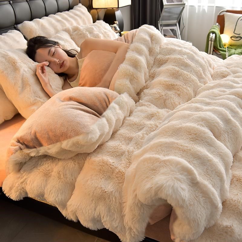 冬季兔兔绒加绒加厚床上四件套灰白耐脏双面绒牛奶珊瑚绒床单被套