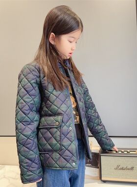 2025秋季新款童装儿童绿色格子翻领薄棉服男女童中性夹棉棉衣外套
