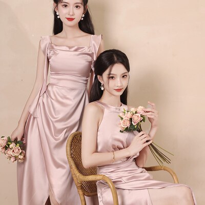 缎面伴娘服2024新款小个子平时可穿气质显瘦高级姐妹团礼服裙秋冬