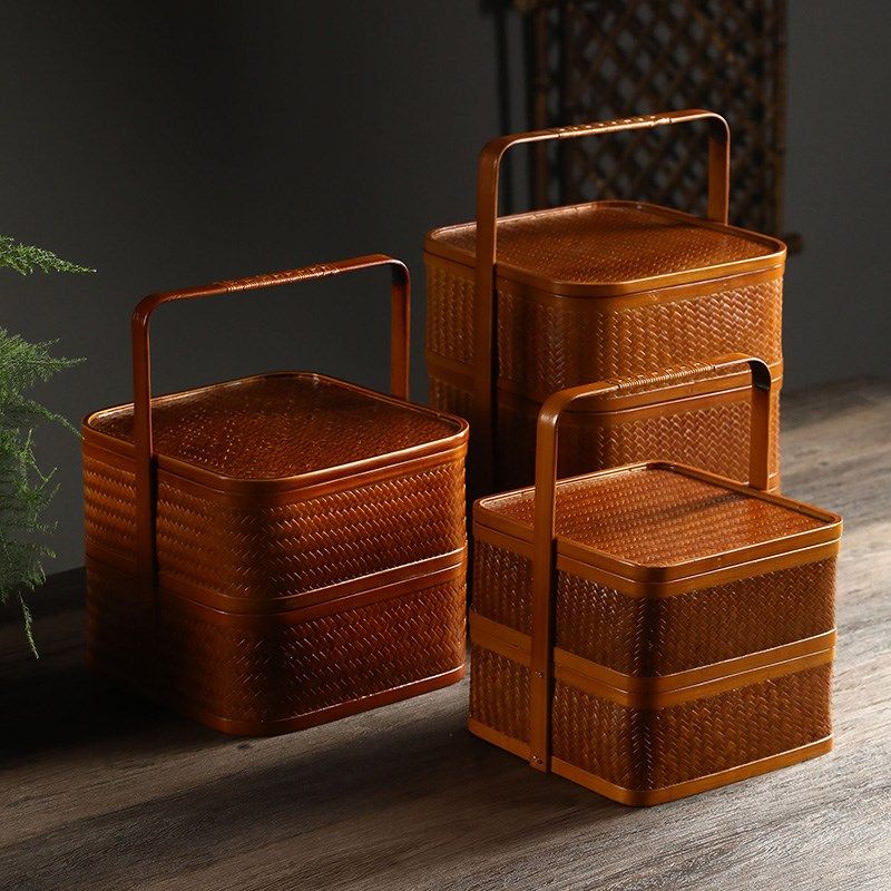 复古竹编提篮食盒家用月饼礼盒功夫茶具收纳盒箱旅行便携点心篮子,特色手工艺,竹编/竹雕,淘宝优惠券,粉丝福利购,淘宝优惠卷