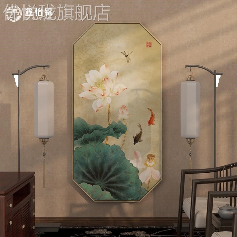 定做新中式入户玄关装饰画客厅茶室挂墙画走廊过道壁荷花沙画发背图片