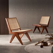 北欧昌迪加尔休闲椅阳台椅原木实木藤编椅子日式 侘寂风中古椅家具