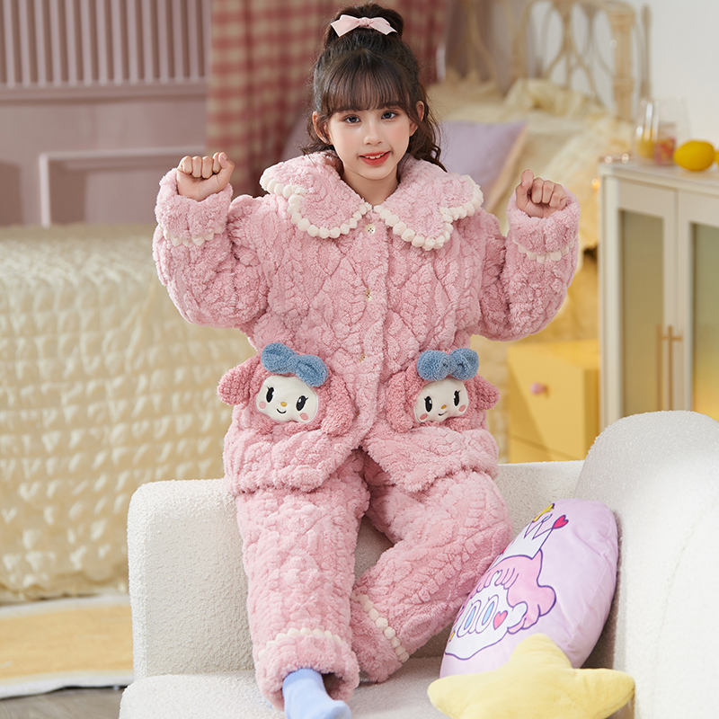 女童睡衣冬季加厚儿童秋冬款珊瑚绒三层夹棉加绒2023新款冬天可爱