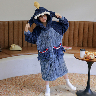 儿童睡袍男童冬季珊瑚绒加厚保暖卡通连帽长版睡衣男孩法兰绒浴袍