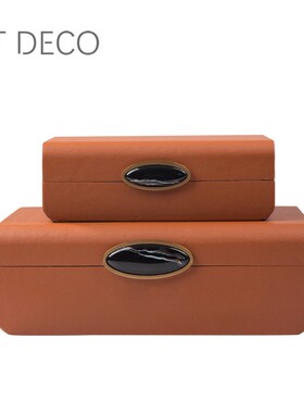橙色皮革首饰盒高档样板间储物盒衣帽间台面新中式蓝软装饰品摆件