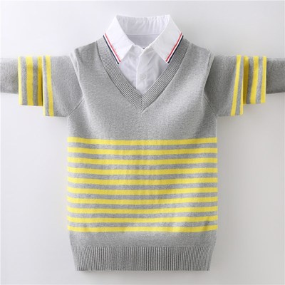 男童毛衣春秋薄款儿童纯棉针织衫假两件中大童男孩衬衫领打底衫潮