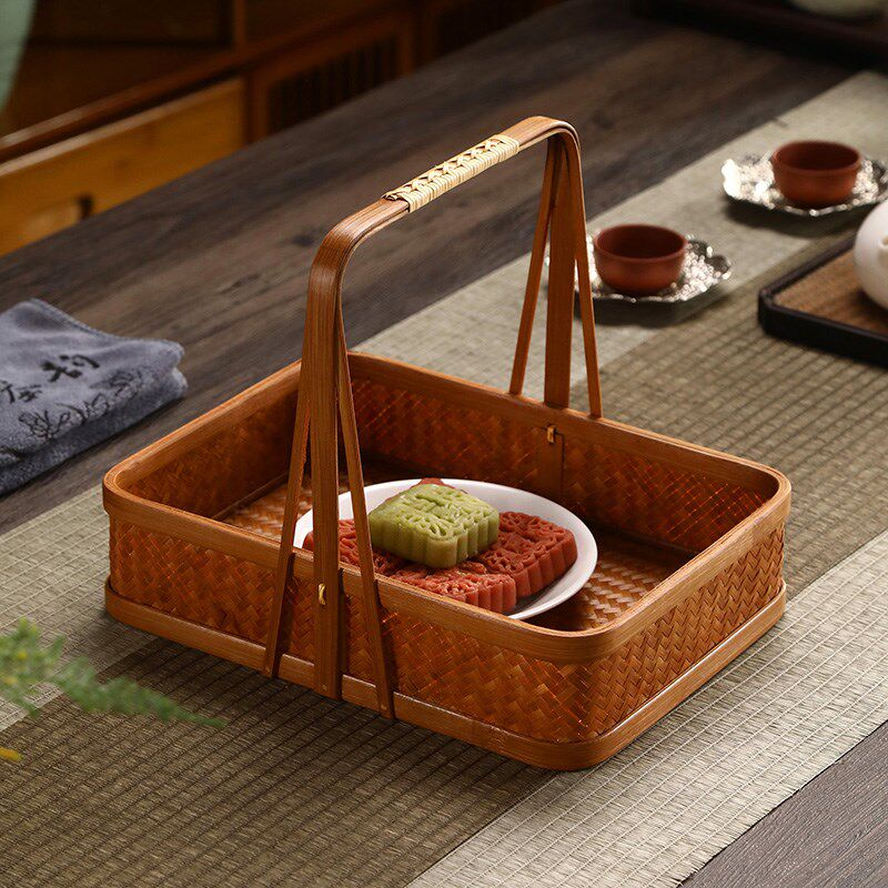 手工竹编大漆提篮提柄圆盒中式茶具收纳筐家用普洱茶盒点心篮果盘,特色手工艺,竹编/竹雕,淘宝优惠券,粉丝福利购,淘宝优惠卷