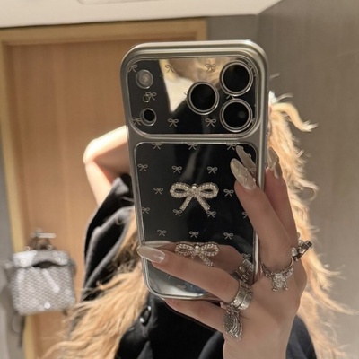 简约高级镜面闪钻蝴蝶结适用iPhone1716promax手机壳新款苹果15pro14pro个性潮壳网红13小众15pm防摔保护套女