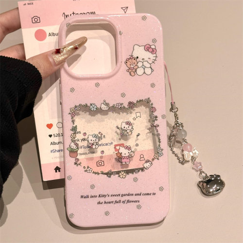 粉底鲜花镂空KT猫粉色碎花蝴蝶结兔子适用16promax手机壳iphone15新款14pro链条13pro少女款16promax保护套女
