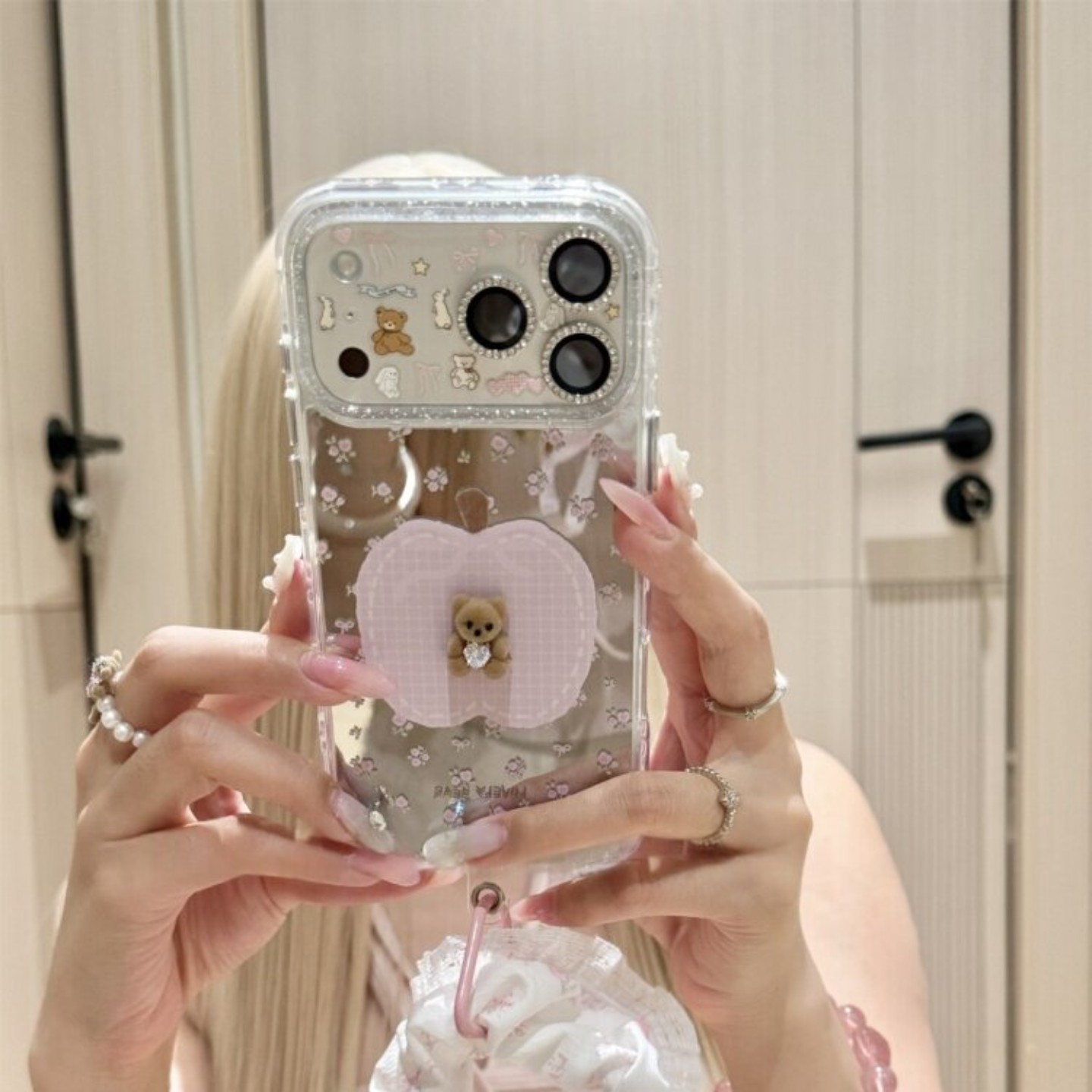 先吉镜面碎花苹果闪钻小熊适用于苹果17promax手机壳iPhone16p带挂绳15promax可爱14粉色17小熊图案16P防摔套
