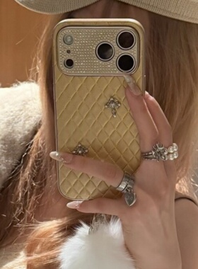 千金感香槟金闪钻十字架可爱ins风适用于iPhone17Pro全包苹果手机壳15pr女款高级感防摔苹果16promax韩系个性