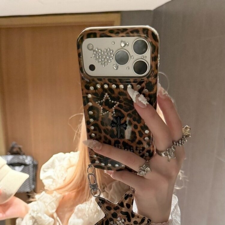 涩谷轻亚豹纹星星手提适用苹果17promax日韩少女心手机壳iphone16保护套全包高颜值15钻饰支架金属装饰个性壳