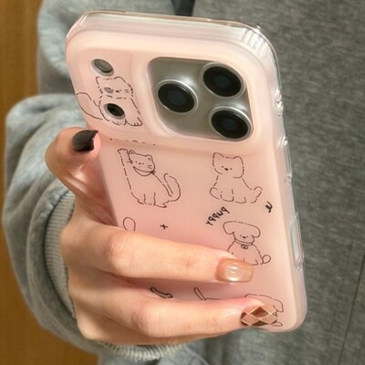 先吉粉色满屏线条小狗猫咪17promax手机壳iphone16151413网红潮ins风