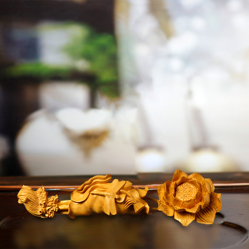 黄杨木雕荷花如意摆件客厅收藏品原木工艺品手把件根雕创意把玩