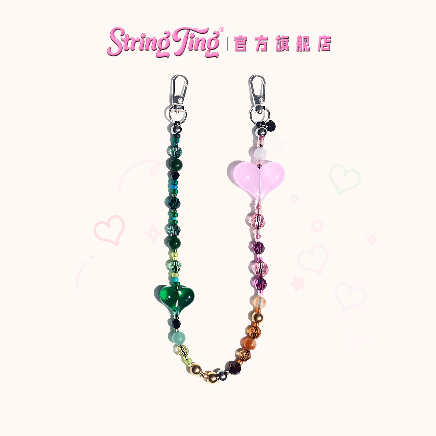 String Ting 错位心动 手机挂链适用于iPhone全系列便携挂链挂绳腕带配件爱心串珠链条ins时尚女生包挂饰挂链 - 实物图