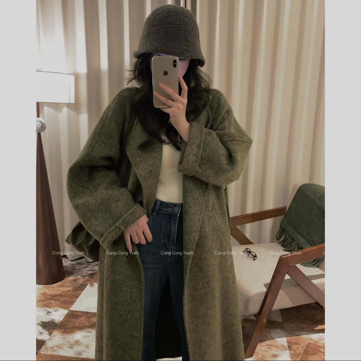 新款翻领系带双面羊绒大衣外套女